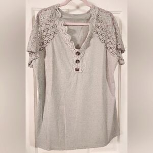 NWOT - Plus Size Lace Trim Button Textured Hollow Out Sleeves T-shirt - Gray 2XL